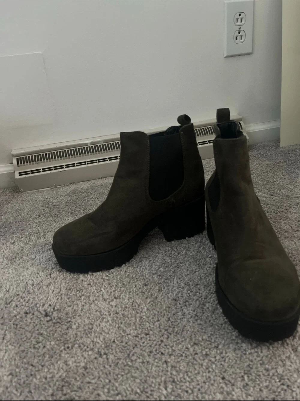 Chunky Chelsea Booties in Olive Suede